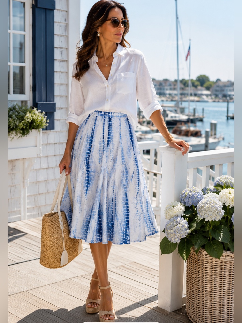 Lafayette 148 New York Silk Blend Blue White Flare Midi Skirt Size 8